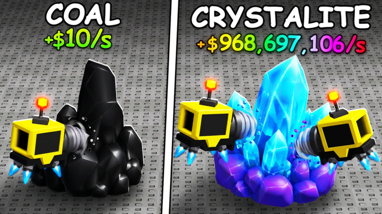Official Sell Ores Roblox preview showing Coal and Crystalite with mining drones.