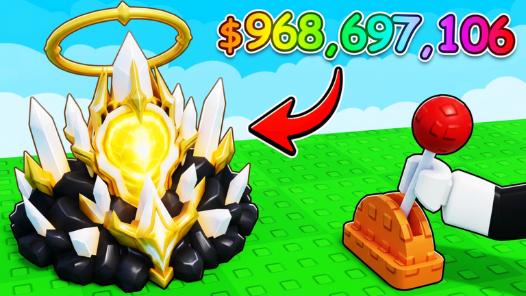 Official Sell Ores Roblox preview showing a large crystal deposit and a sell lever.