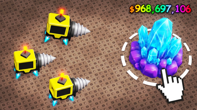Official Sell Ores Roblox preview showing three drill-equipped drones beside a crystal deposit.